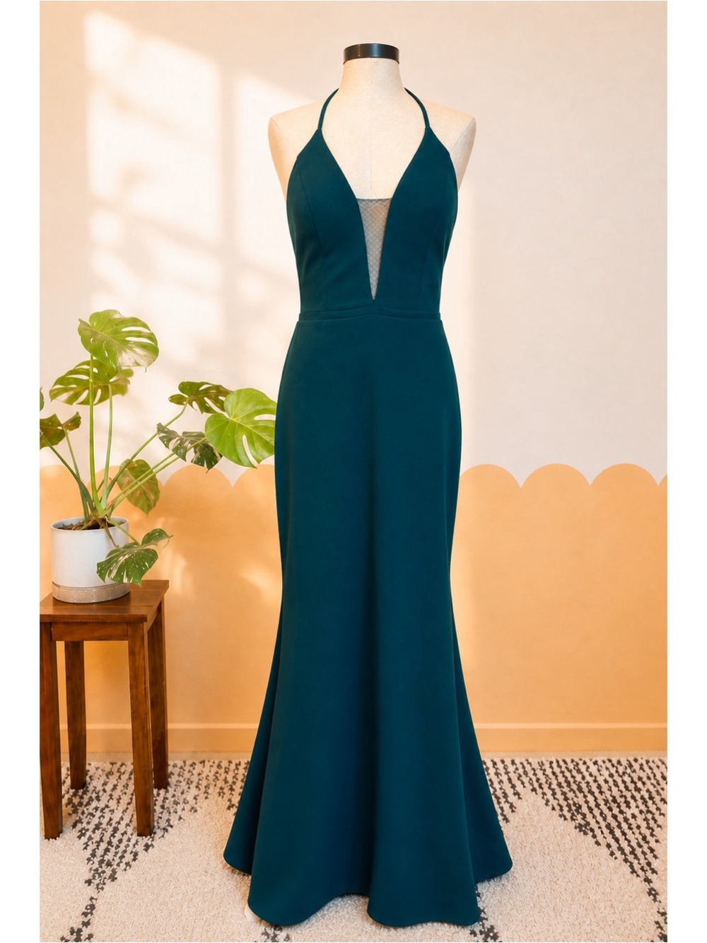 Betsy & Adam Teal Halter Plunge Evening Gown